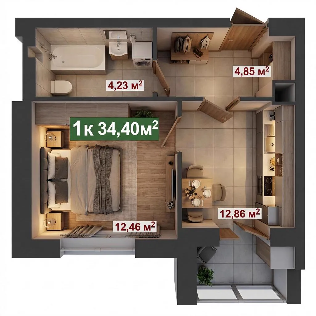Планування 1-кімнатної квартири 34,4 м²
